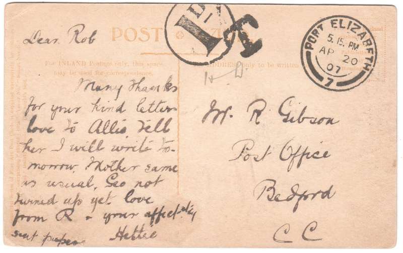 1907 Postcard - Port Elizabeth postmark and 1d due TAX mark