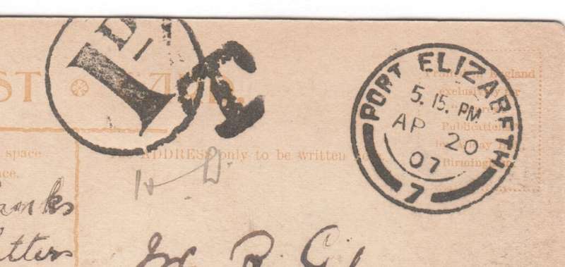 1907 Postcard - Port Elizabeth postmark and 1d due TAX mark