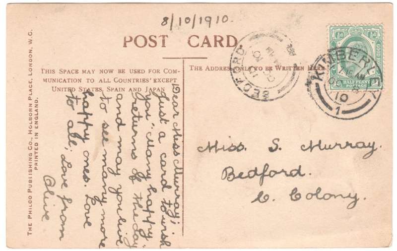 1910 Postcard with Bedford and Kimberley postmarks
