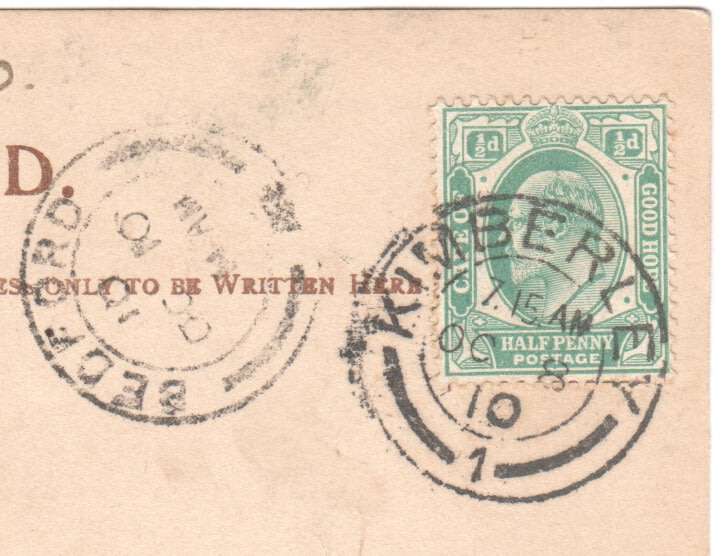 1910 Postcard with Bedford and Kimberley postmarks