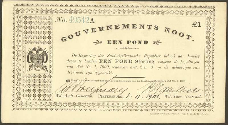 Pietersburg Governments note - One pound in near perfect condition