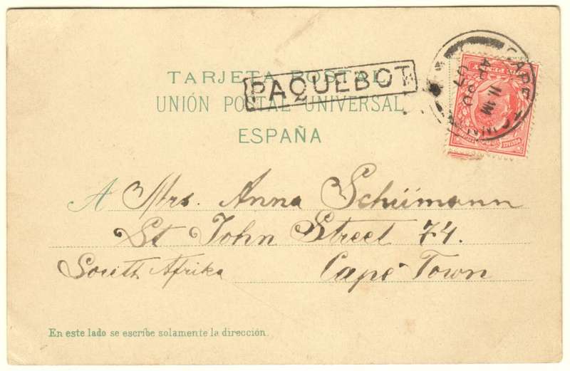Postal History Card from Las Palmas to Cape Town by postal boat
