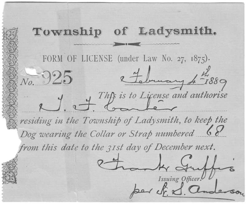 1889 Dog Licence for Lady Smith ( Before the Boer War ) - some damage
