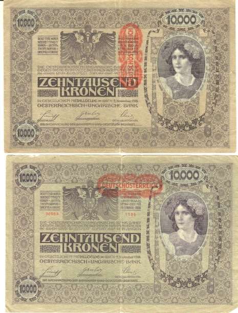 10000 Krone 2/11/1918 with 2 different red ` deutschostereich ` overprints in red - Lot of 2 notes