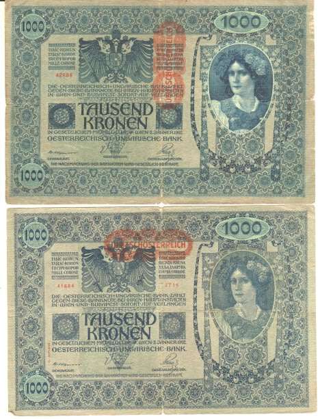 Austria 1902 Blue 1000 Kronen notes - 2 varieties overstamp ` deutschosterreich `
