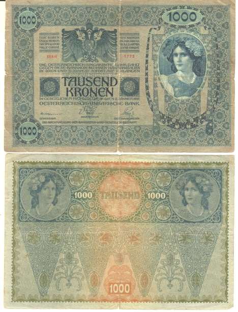 Austria 1902 Blue 1000 Kronen notes - 2 varieties overstamp ` deutschosterreich `