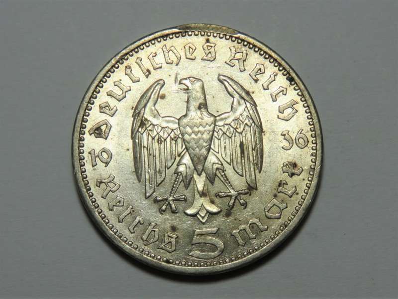 1936 Germany A Hindenburg 5 reichsmark - UNC with bag marks