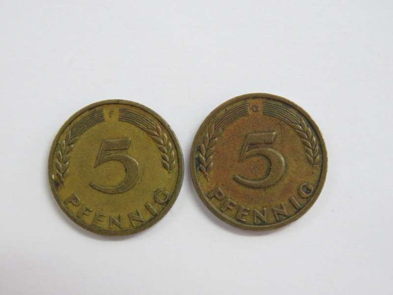 1949 Germany 5 pfennig coins - F and G mintmarks