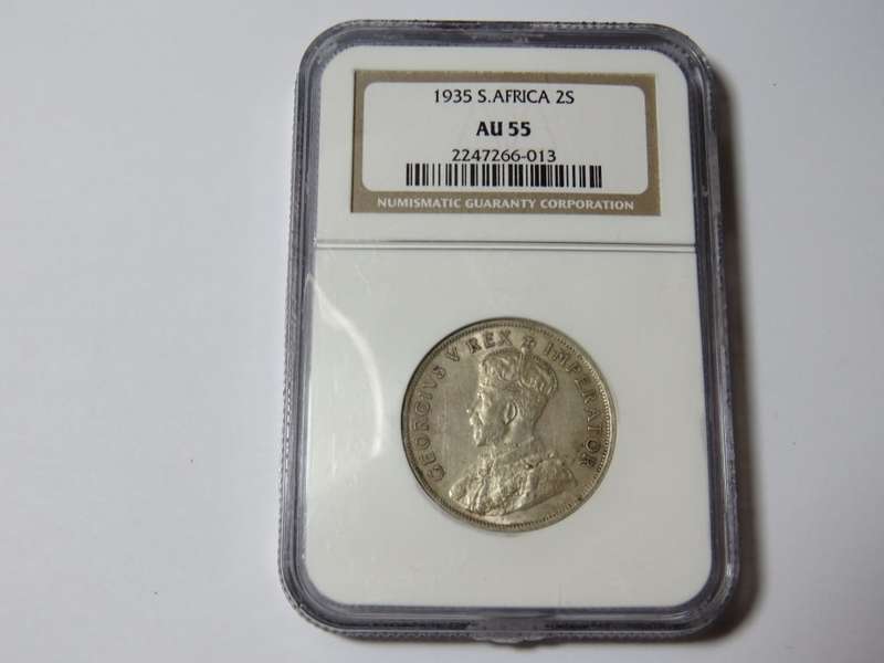 1935 South Africa Union Two Shilling graded as Au 55 by NGC - very difficult to get