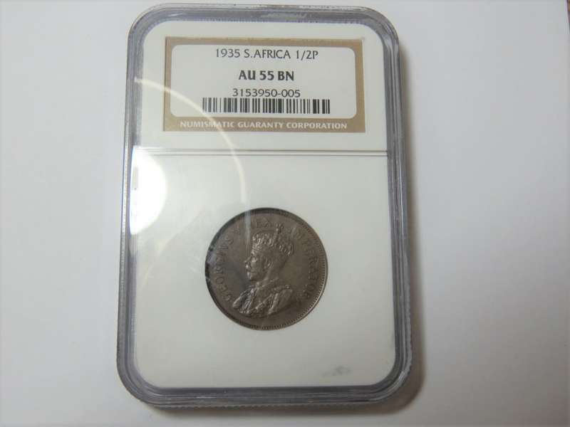 South Africa 1935 Half Penny graded AU 55 BN by NGC
