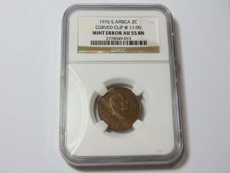 1976 South Africa 2 cent Curved Clip @ 11:00 mint error AU 55 BN graded by NGC
