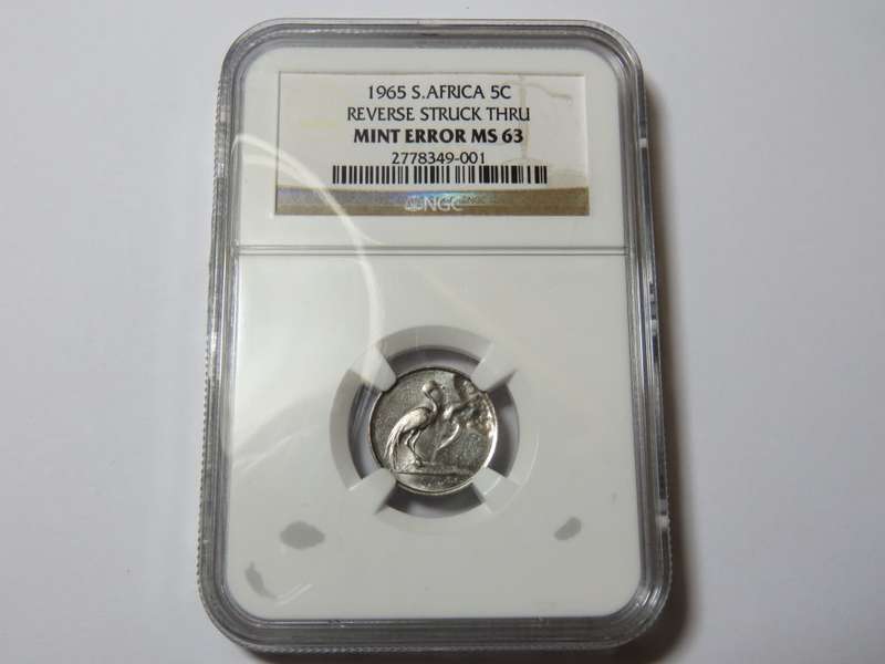 South Africa 1965 Reverse Struck Thru 5c mint error MS 63 graded by NGC