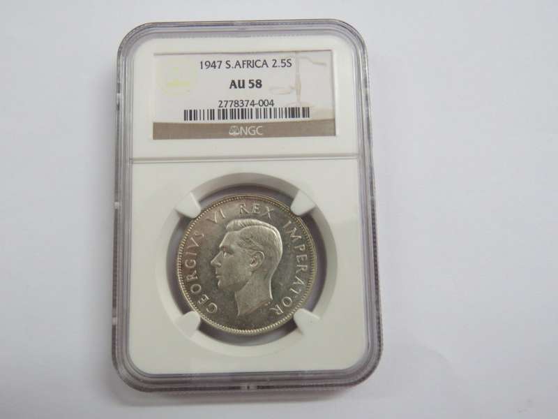 Union of South Africa 1947 graded 2 and a half Shilling AU 58 by NGC