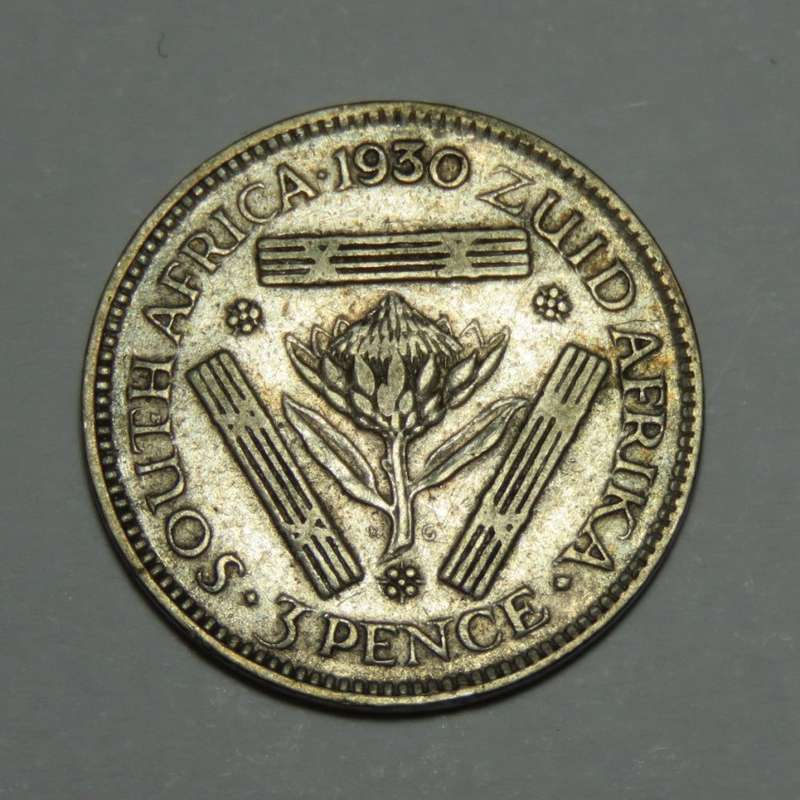 1930 SA Union 3d tickey - feint z of Zuid and no dot after date