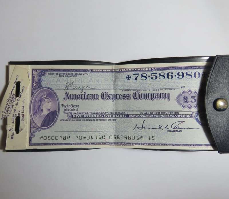 Vintage British American Express Company 5 pound travel cheque in booklet - Only one cheque left