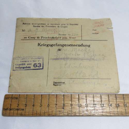 WW1 - POW letter with envelope from AG Mackay to Mrs Mackay - August 1917