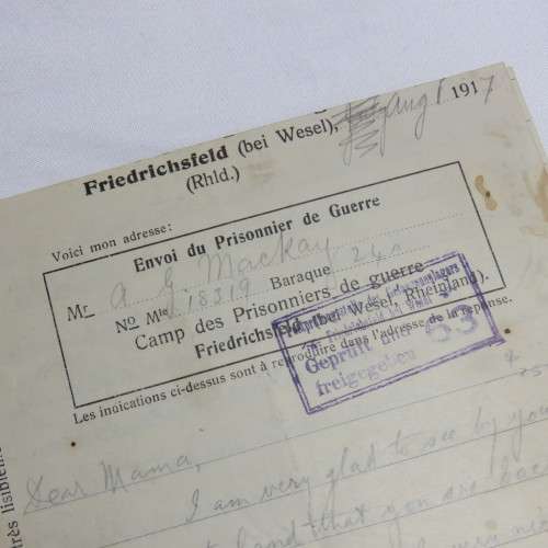 WW1 - POW letter with envelope from AG Mackay to Mrs Mackay - August 1917