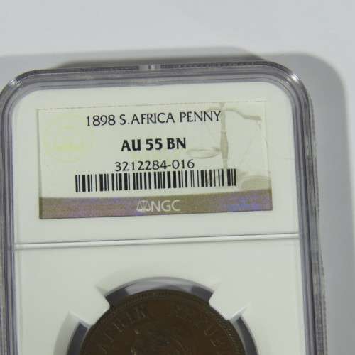 1898 ZAR Kruger penny graded AU 55 BN by NGC