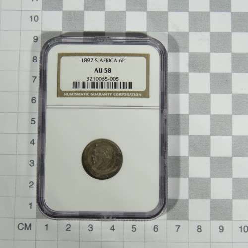 1897 ZAR Kruger 6d sixpence graded AU 58 by NGC