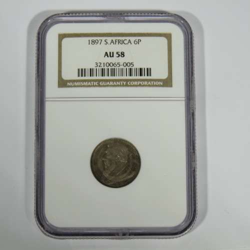 1897 ZAR Kruger 6d sixpence graded AU 58 by NGC