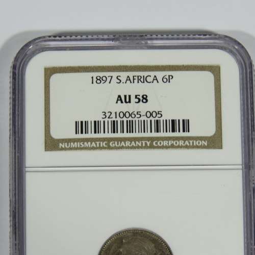 1897 ZAR Kruger 6d sixpence graded AU 58 by NGC
