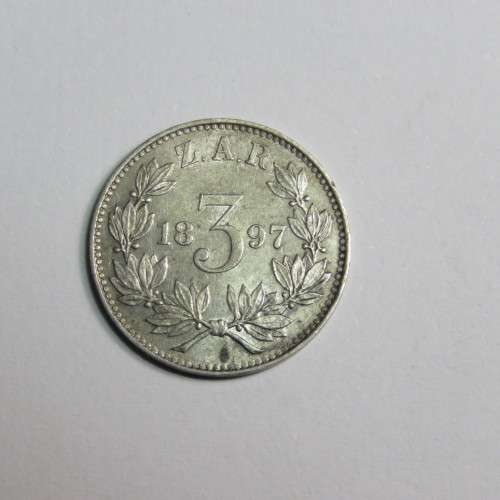 1897 ZAR Kruger 3d tickey AU+