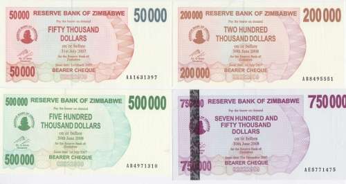 Zimbabwe set of 14 Bearer cheques - all uncirculated