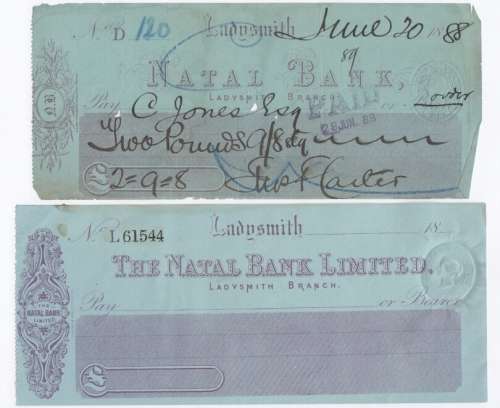 Used Natal Bank cheque drawn by Justice Carter ! to Advocate Jones in Ladysmith 1888