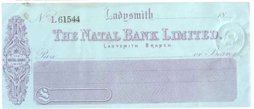 Used Natal Bank cheque drawn by Justice Carter ! to Advocate Jones in Ladysmith 1888