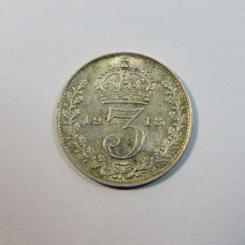 1918 Great Britain 3pence - XF+ with die crack on George`s head