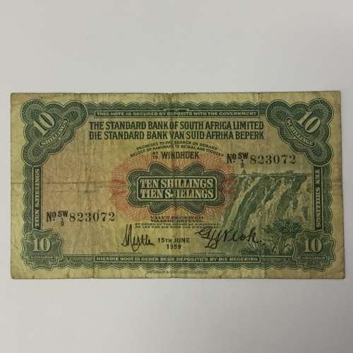 South West Africa Standard bank 10 Shillings banknote - 15 June 1959 - small tear top right