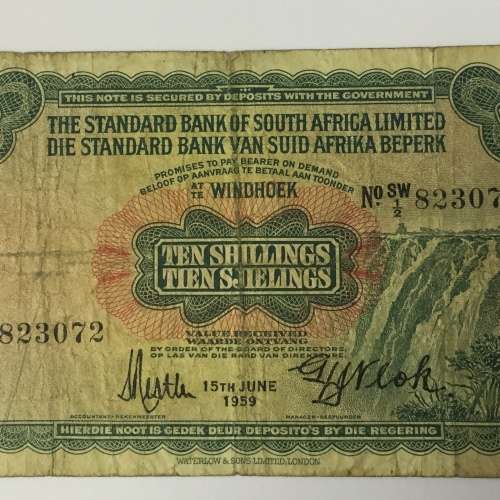 South West Africa Standard bank 10 Shillings banknote - 15 June 1959 - small tear top right