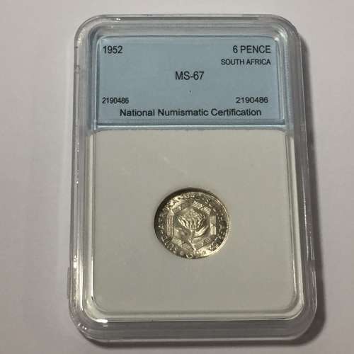 1952 South Africa 6 pence graded MS 67 by NNC - rare in MS 67