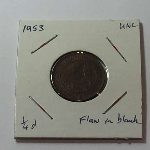 South Africa 1953 UNC farthing - planchet flaw obverse under E of Regina