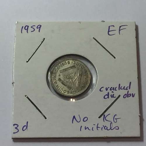 South Africa 1959 EF 3d cracked die obverse - NO KG initials