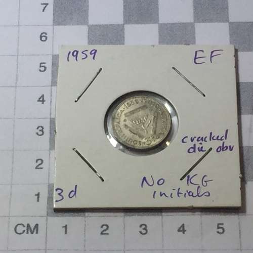 South Africa 1959 EF 3d cracked die obverse - NO KG initials