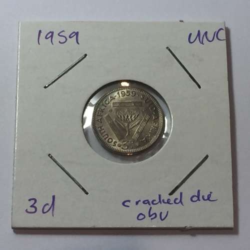 South Africa 1959 UNC threepence - excellent with cracked die obverse