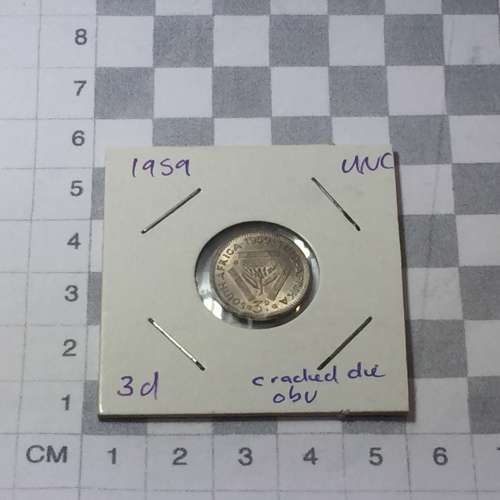 South Africa 1959 UNC threepence - excellent with cracked die obverse