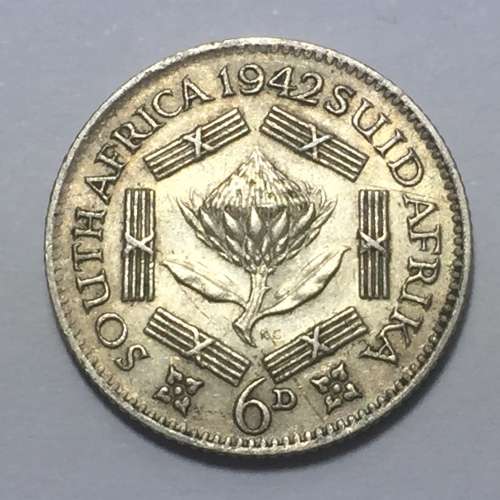 South Africa 1942 sixpence XF+ / AU - cracked die through George`s neck