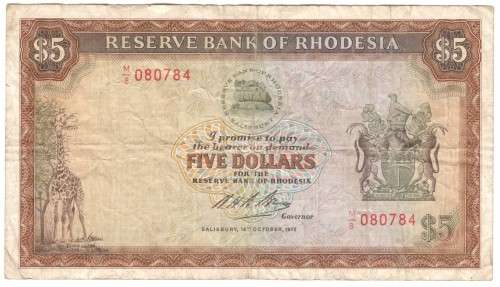 Rhodesia Five dollars 1972 banknote