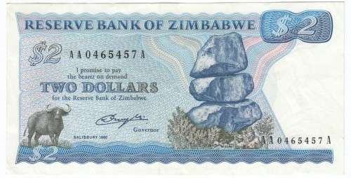Zimbabwe two dollars 1980 banknote AU - AA series