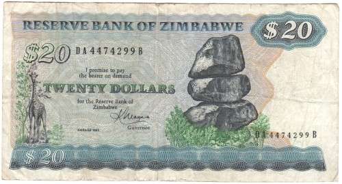 Zimbabwe 20 dollars 1983 banknote - well used - bird watermark