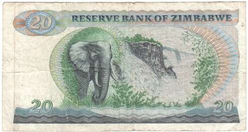 Zimbabwe 20 dollars 1983 banknote - well used - bird watermark