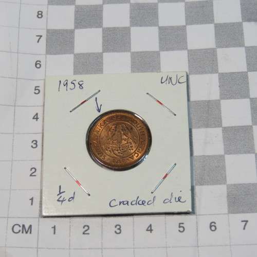 1958 SA farthing - UNC - Cracked die through A of Africa