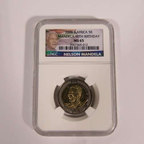 2008 Boxed set of Nelson Mandela birthday R5 coins -Graded MS65, MS66, MS67 with 90th birthday stamp