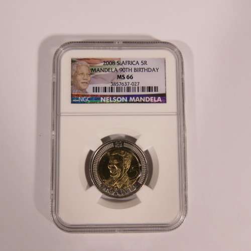 2008 Boxed set of Nelson Mandela birthday R5 coins -Graded MS65, MS66, MS67 with 90th birthday stamp