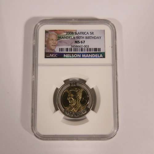 2008 Boxed set of Nelson Mandela birthday R5 coins -Graded MS65, MS66, MS67 with 90th birthday stamp