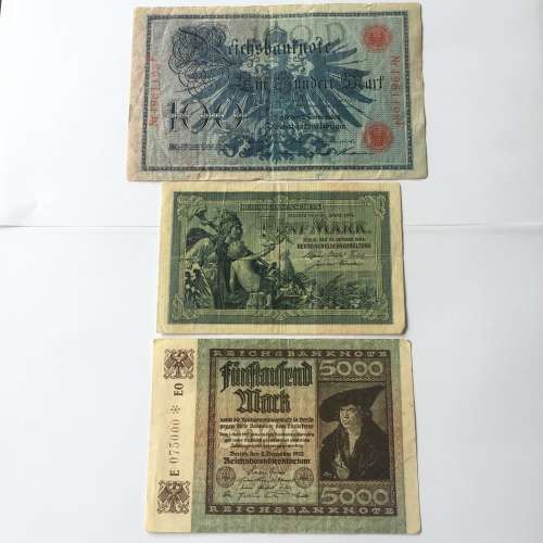 Lot of 7 German post WW1 inflation banknotes - with 1926 letter in German