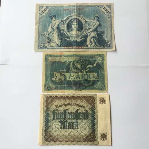 Lot of 7 German post WW1 inflation banknotes - with 1926 letter in German