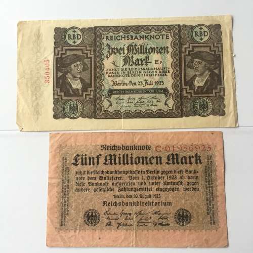 Lot of 7 German post WW1 inflation banknotes - with 1926 letter in German